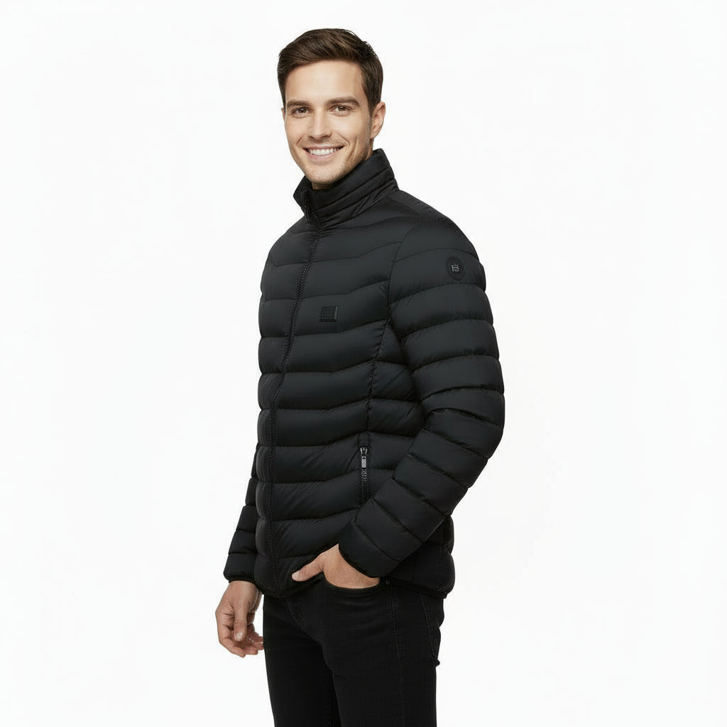 Black puffer jacket with a hood on a white background