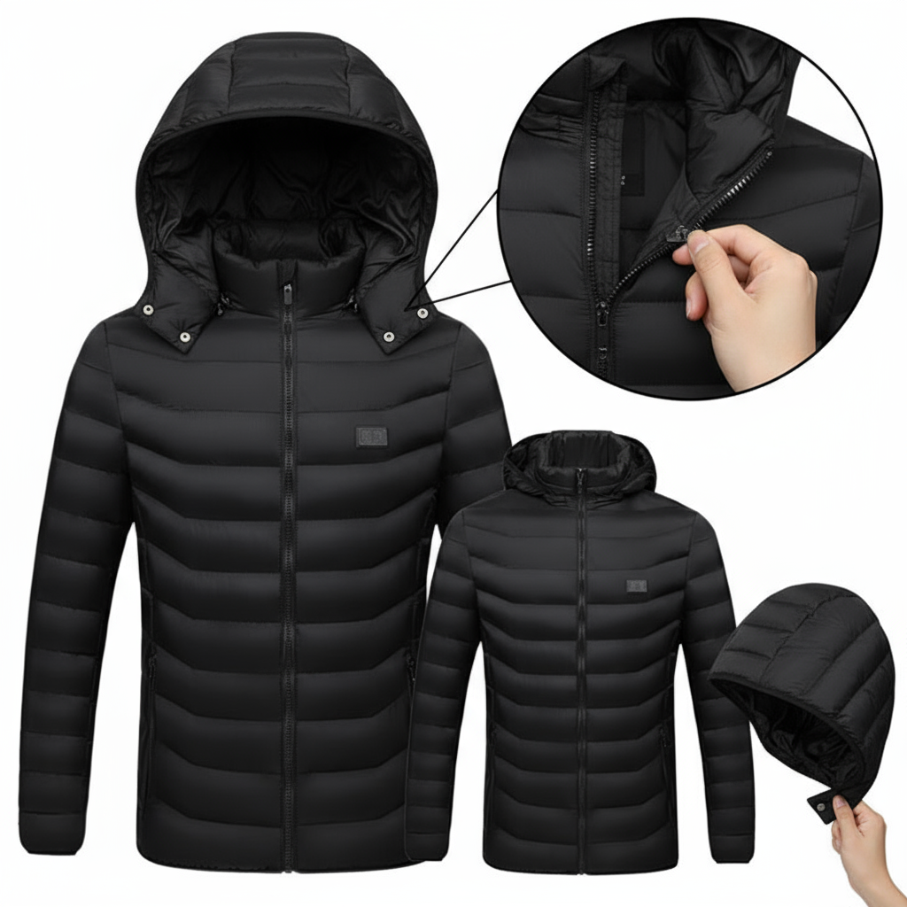 use the product we are selling as an example, the hood is detachable, and use the puffy heated jacket, also remove the thermalux logo